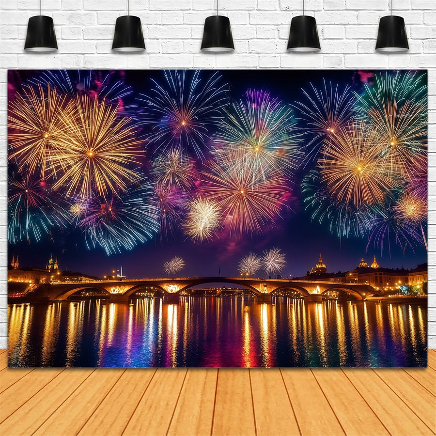 New Years Backdrops City Night River Reflection Fireworks Photo Backdrop UK LXX512-6
