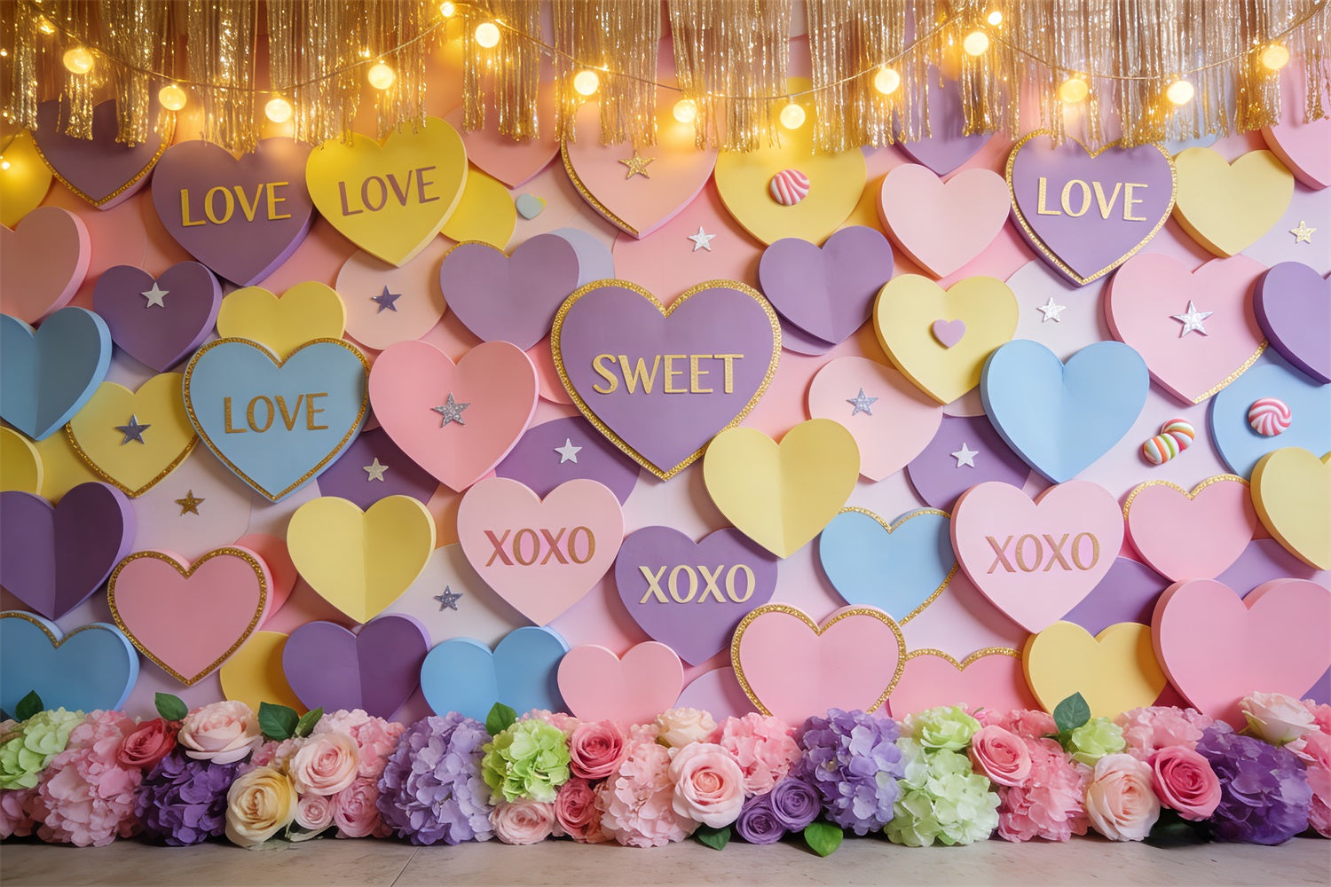 Romantic Backdrop Pastel Candy Hearts Wall Valentine Photo Backdrop UK LXX512-60