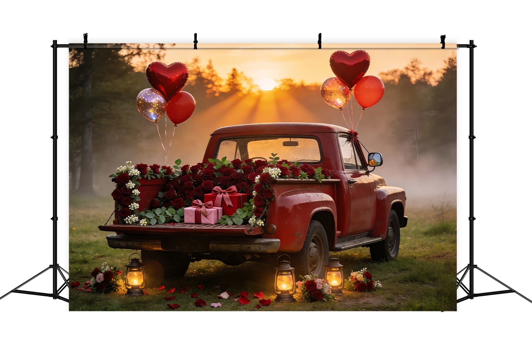 Valentine Photo Backdrop Vintage Red Truck Romance Heart Balloon Backdrop UK LXX512-61
