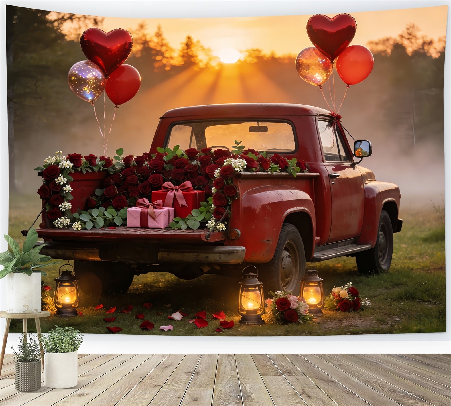Valentine Photo Backdrop Vintage Red Truck Romance Heart Balloon Backdrop UK LXX512-61