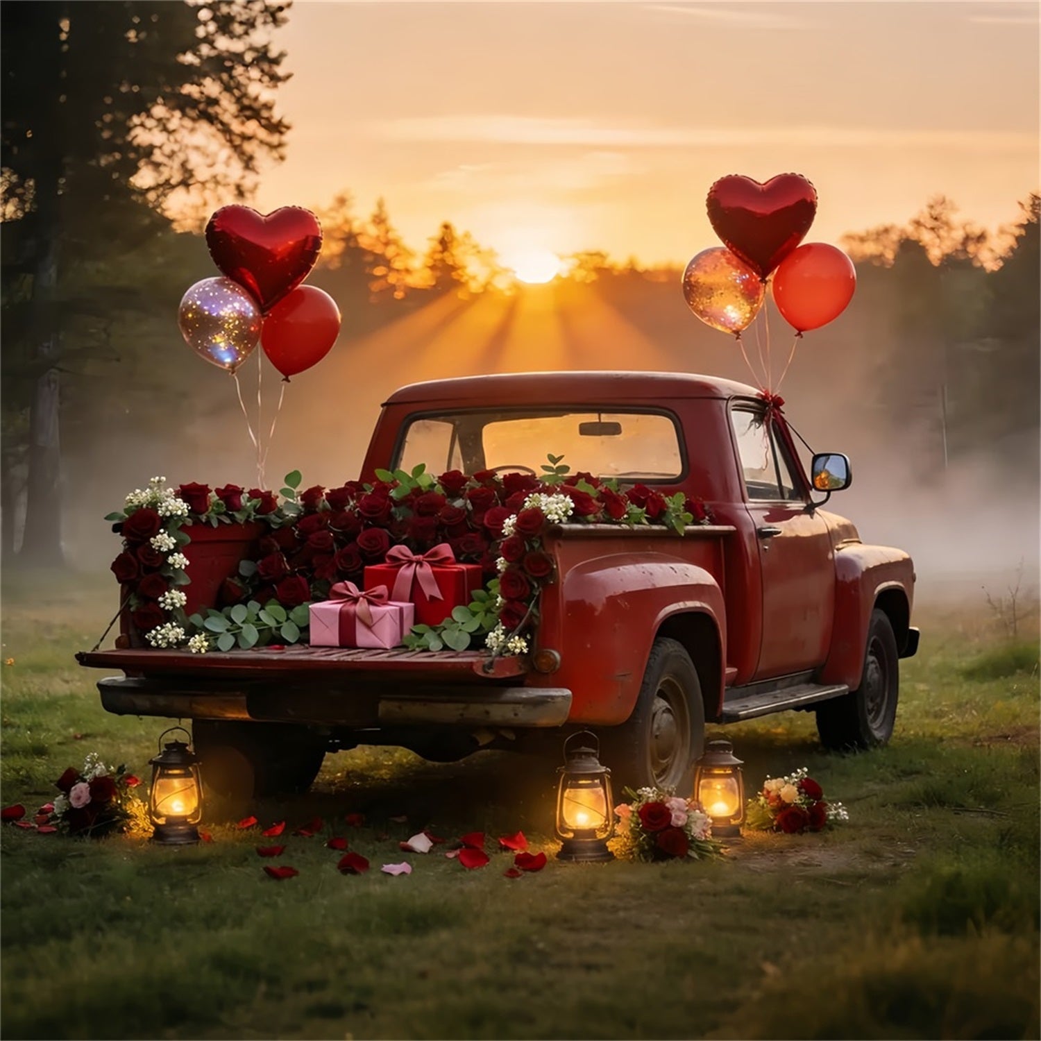 Valentine Photo Backdrop Vintage Red Truck Romance Heart Balloon Backdrop UK LXX512-61