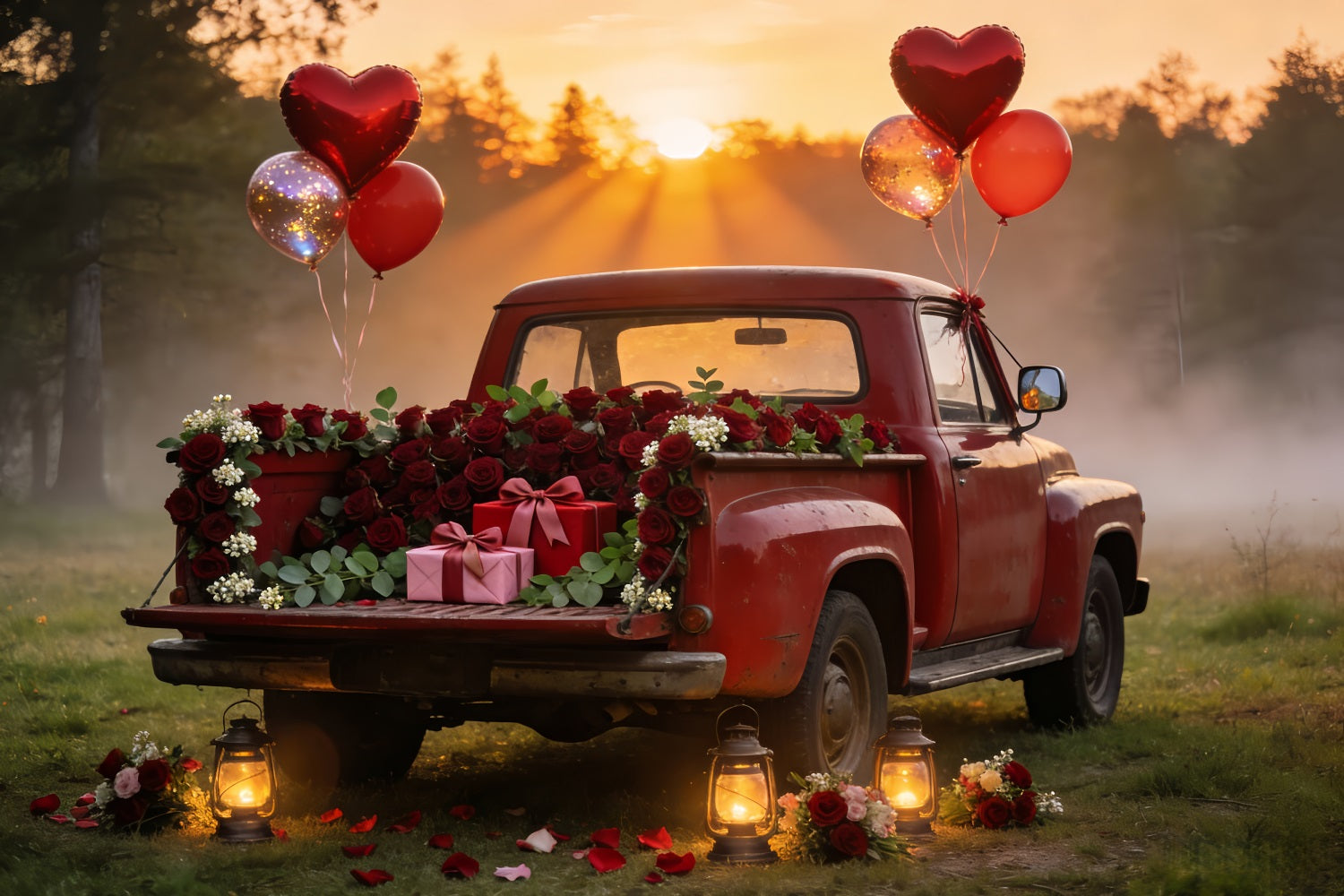 Valentine Photo Backdrop Vintage Red Truck Romance Heart Balloon Backdrop UK LXX512-61