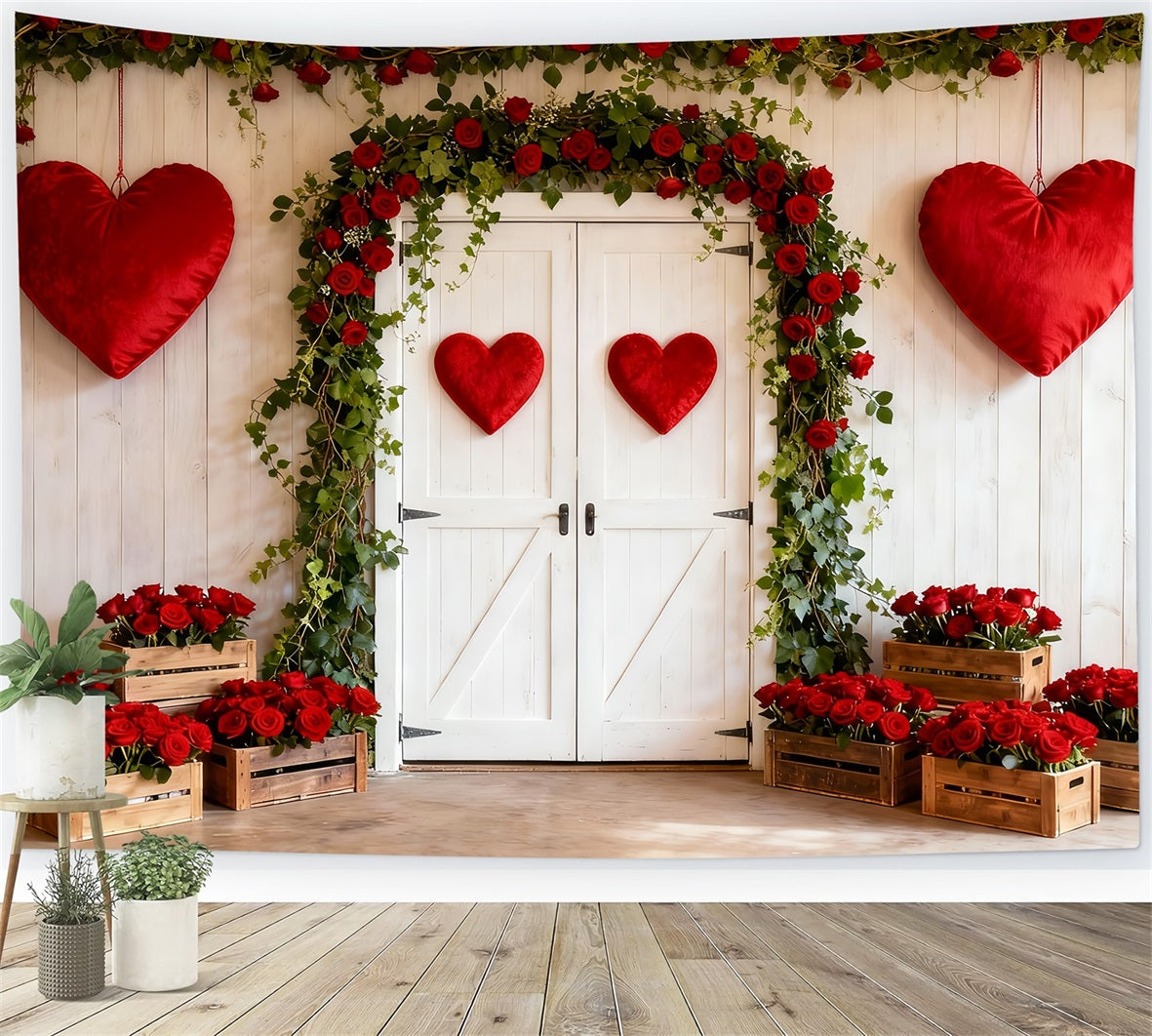 Rustic Farmhouse Valentine Backdrop Rose Floral Arch Hearts Backdrop UK LXX512-63
