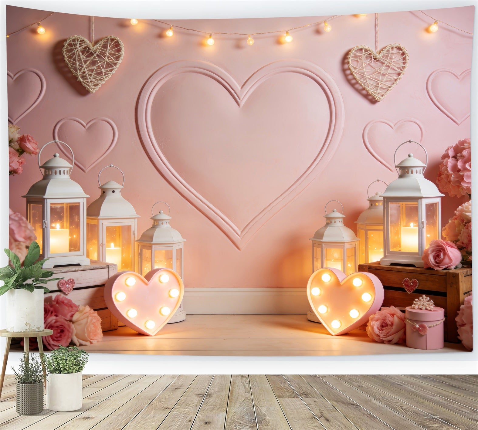 Heart Backdrop Lantern Glow Candlelight Room Pink Valentine Backdrop UK LXX512-65