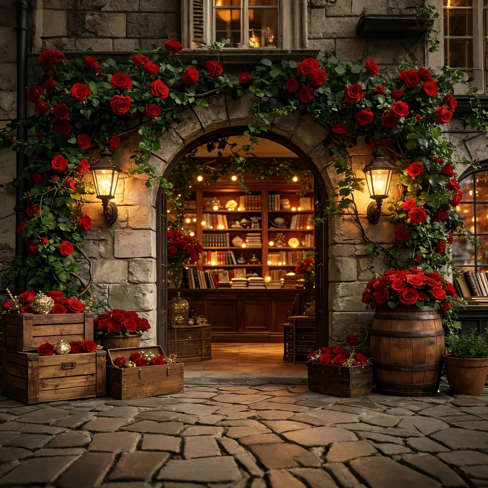 Floral Arch Valentine Backdrop Vintage Rose Library Entrance Love Backdrops UK LXX512-66