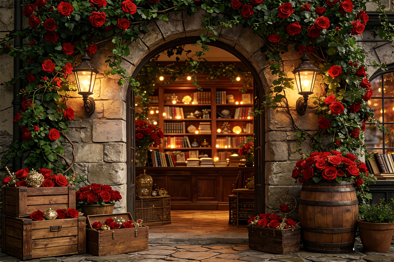 Floral Arch Valentine Backdrop Vintage Rose Library Entrance Love Backdrops UK LXX512-66