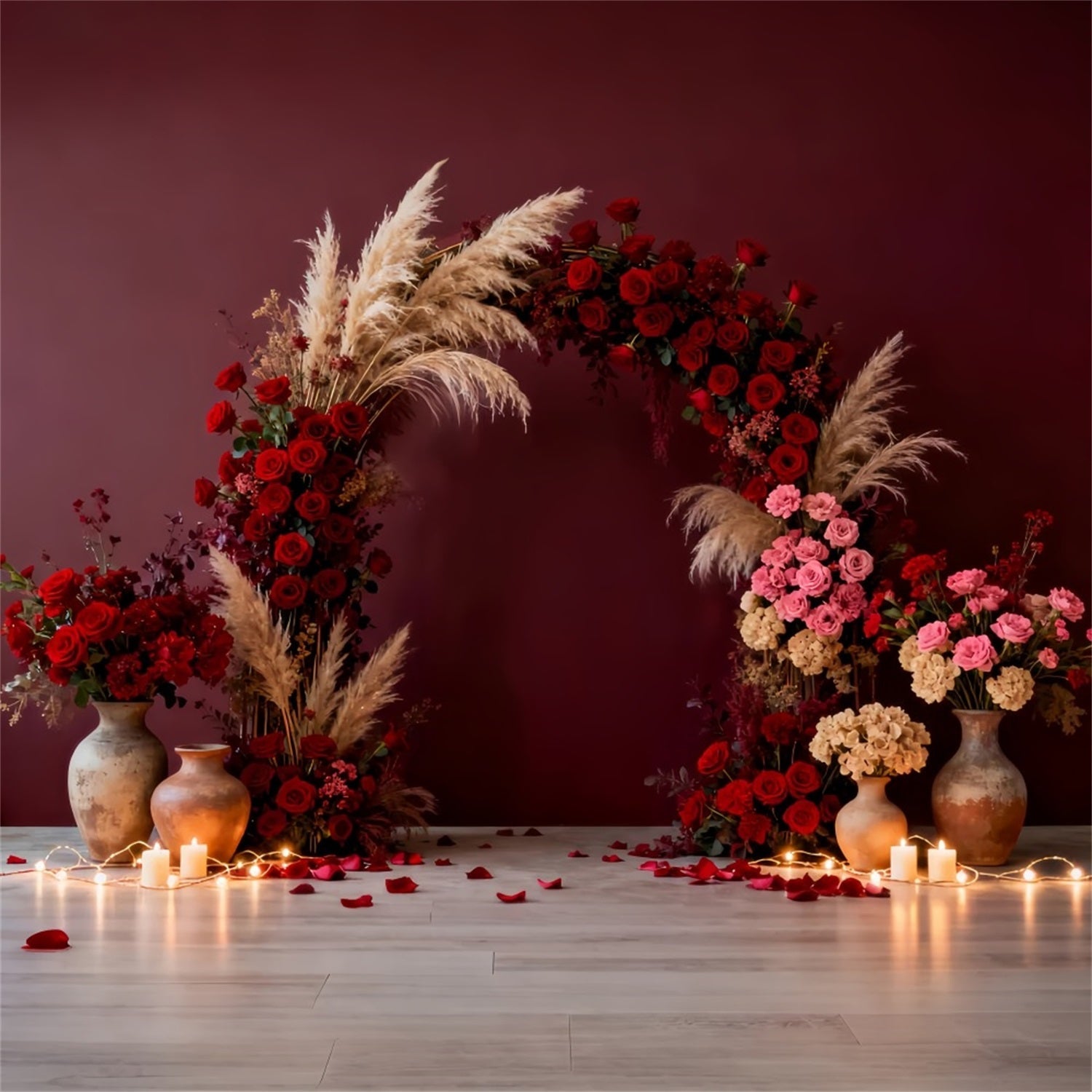 Boho Floral Valentine Backdrop Romantic Candlelight Room Red Rose Backdrop UK LXX512-69