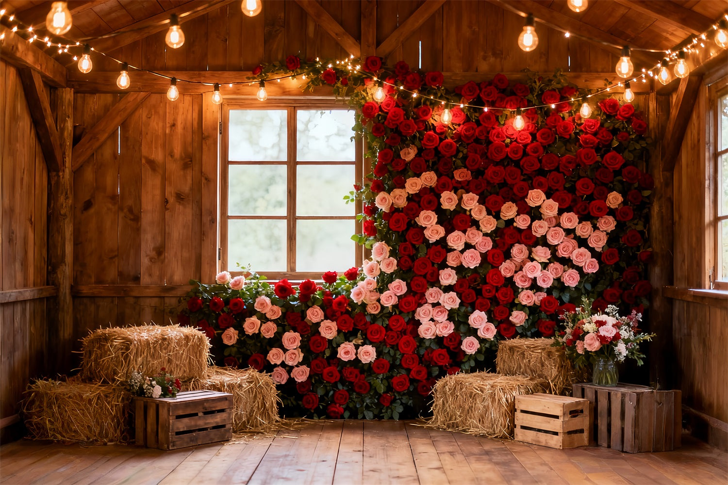Red Rose Wall Backdrop Rustic Farmhouse Barn Valentines Day Backdrop UK LXX512-75