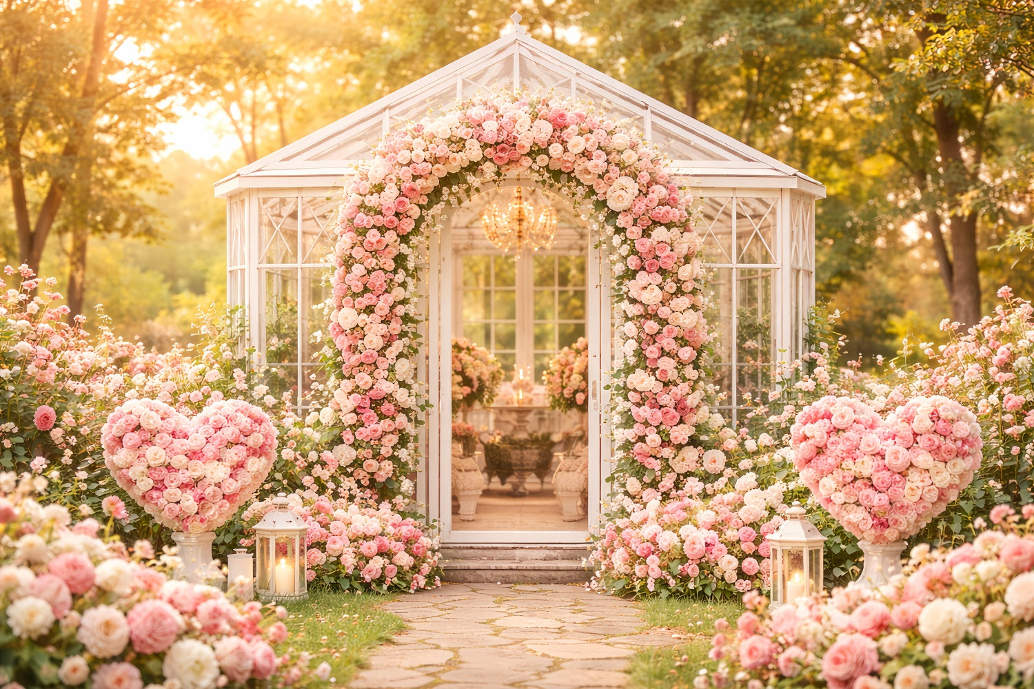 Floral Arch Valentine's Day Backdrop Garden Pavilion Pink Roses Love Backdrops UK LXX512-77