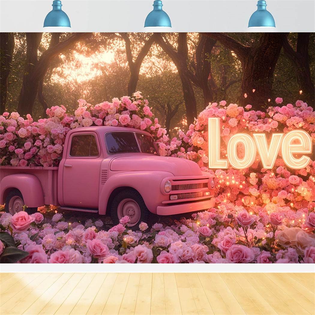 Pink Valentine Backdrop Rose Vintage Love Truck Romantic Backdrop UK LXX512-79