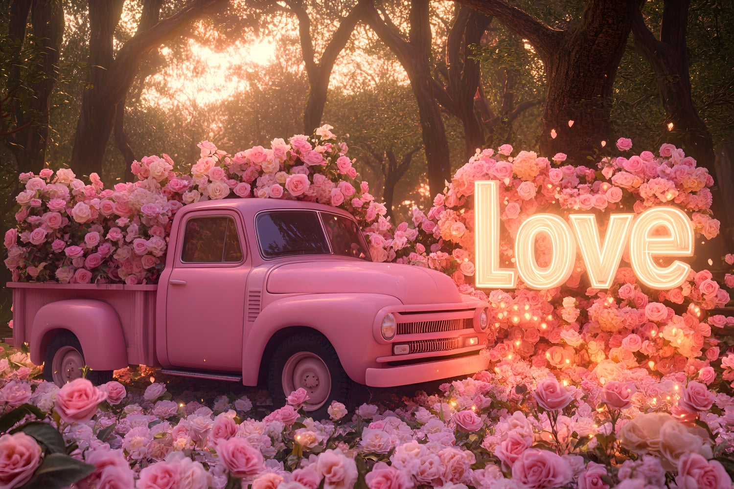 Pink Valentine Backdrop Rose Vintage Love Truck Romantic Backdrop UK LXX512-79