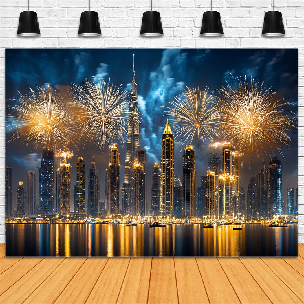 New Year Backdrop Ideas Golden Fireworks City Skyline Cityscape Photo Backdrop UK LXX512-8