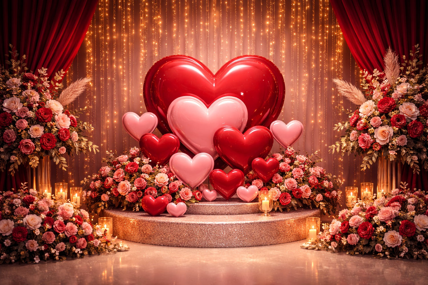Hearts Backdrop Golden Curtain Balloon Stage Boho Floral Valentine Backdrop UK LXX512-82