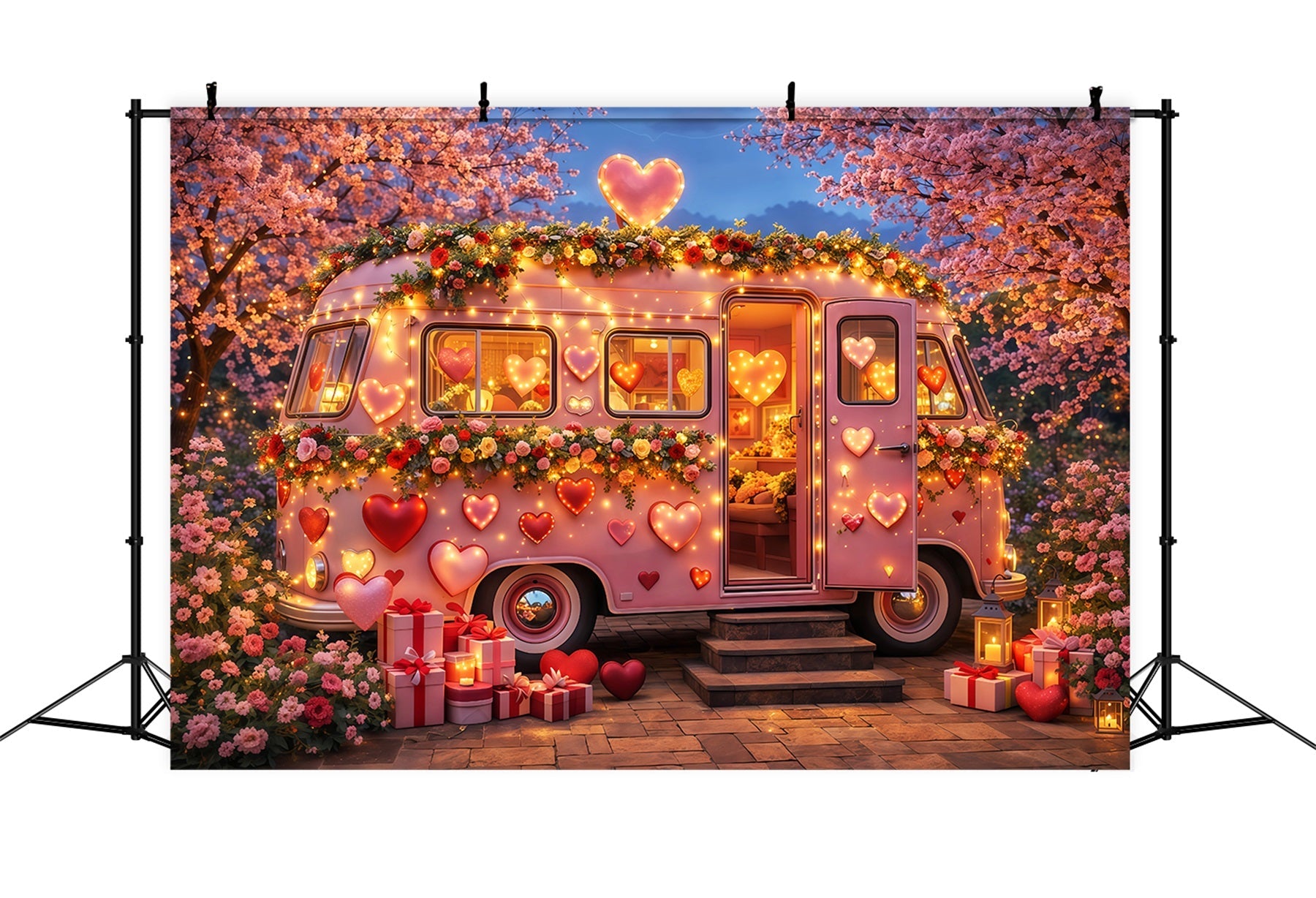Pink Heart Backdrop Camper Blossom Neon Lights Romantic Backdrops UK LXX512-83