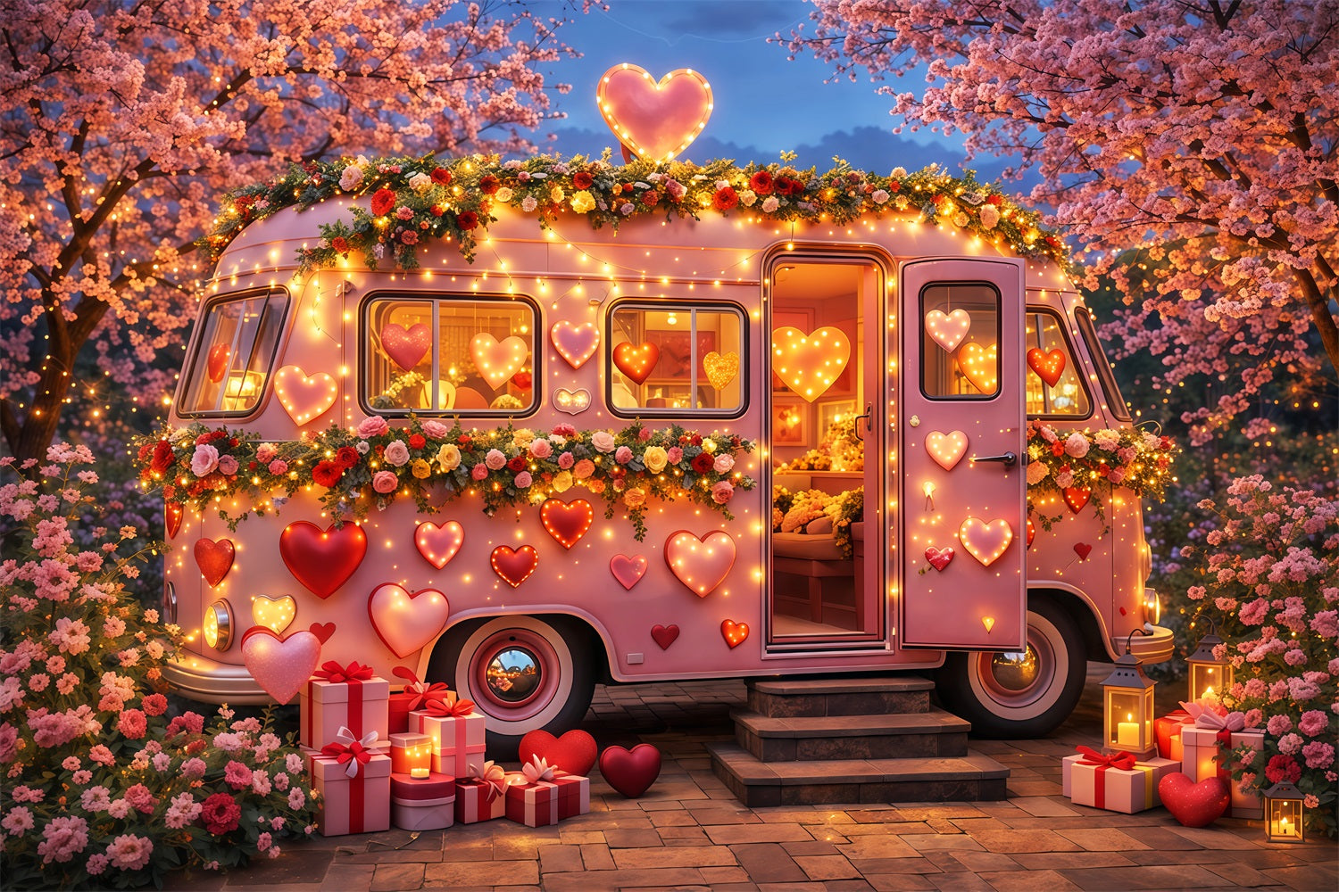 Pink Heart Backdrop Camper Blossom Neon Lights Romantic Backdrops UK LXX512-83
