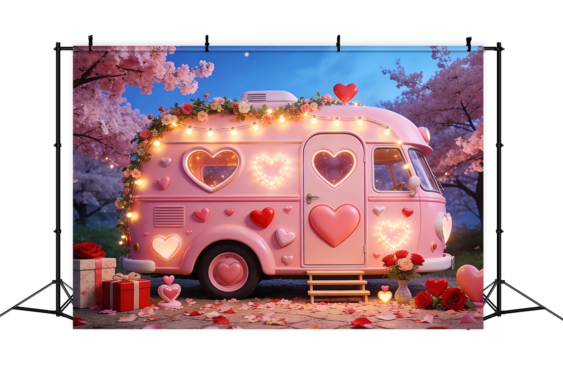 Romantic Backdrops Camper Glow Gift Boxes Pink Heart Backdrop UK LXX512-84