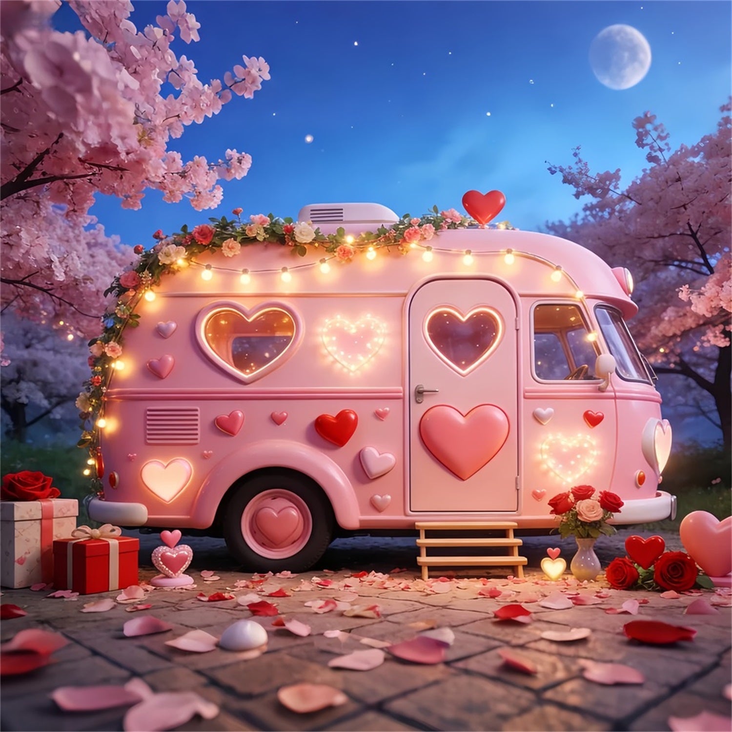 Romantic Backdrops Camper Glow Gift Boxes Pink Heart Backdrop UK LXX512-84