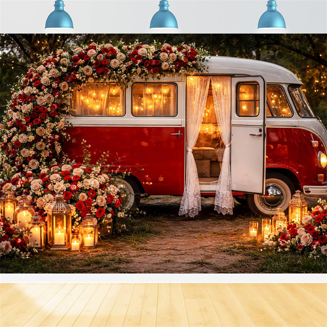 Red Rose Backdrop Vintage Lantern Camper Romance Glitter Valentine Backdrop UK LXX512-85