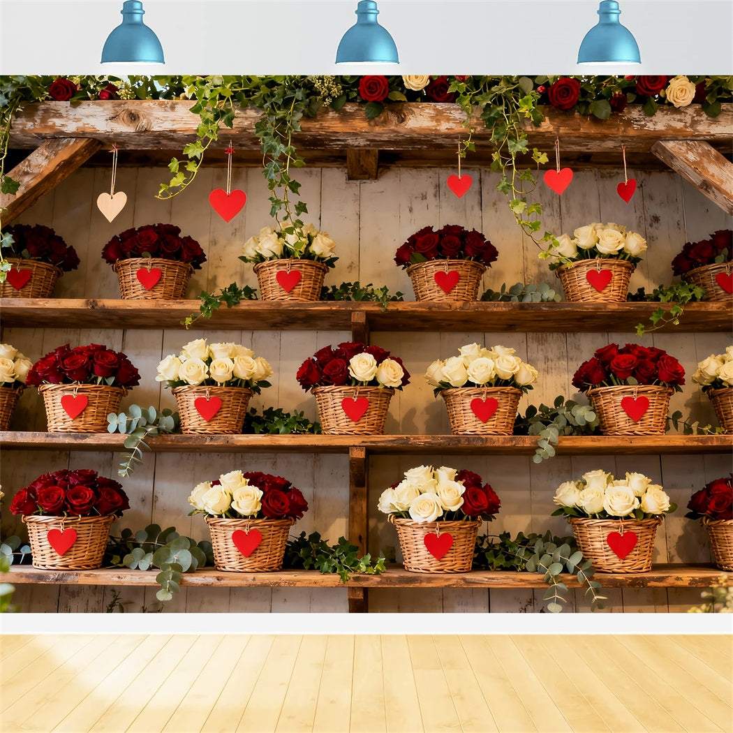Simple Valentine Backdrop Rustic Floral Basket Wall Red Roses Backdrop UK LXX512-86
