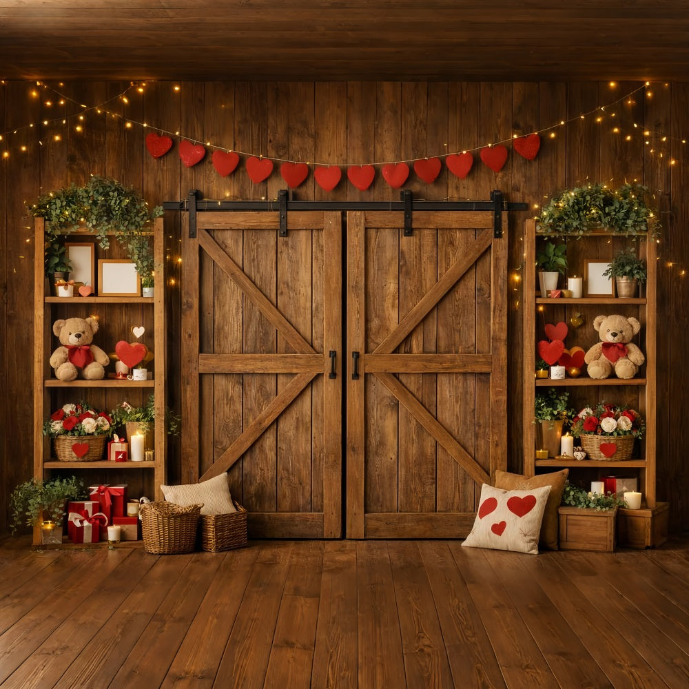Heart Garland Backdrop Wooden Barn Door Teddy Bears Valentine's Day Backdrop UK LXX512-89