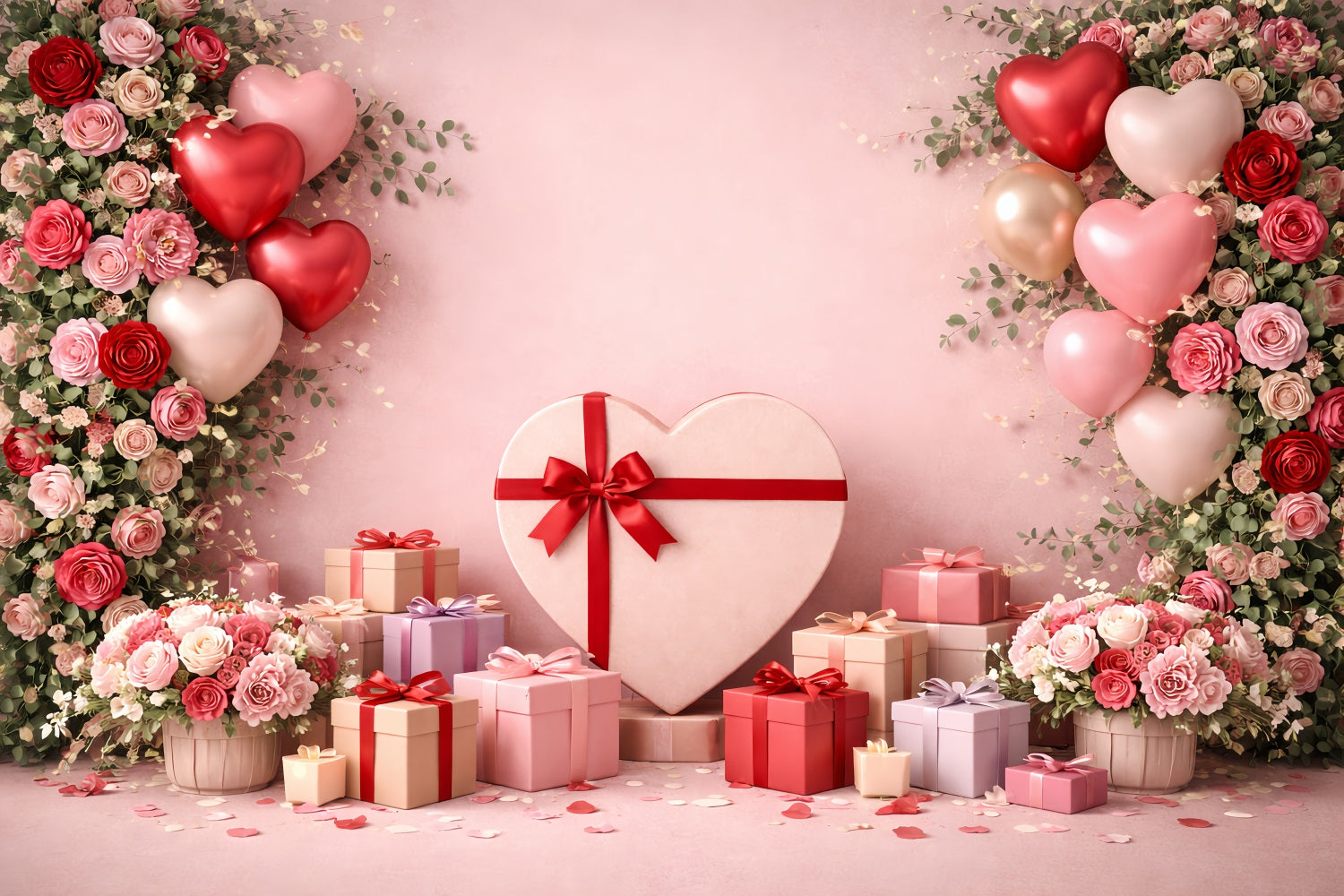 Pink Valentine Backdrop Heart Balloons Gift Boxes Love Backdrops UK LXX512-90