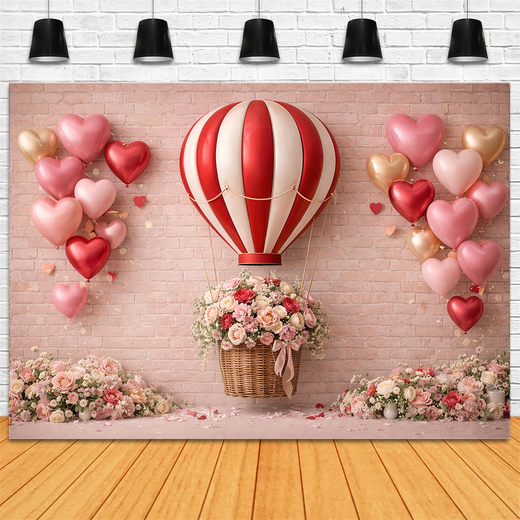 Heart Balloon Backdrop Brick Wall Romantic Roses Pink Valentine Backdrop UK LXX512-91