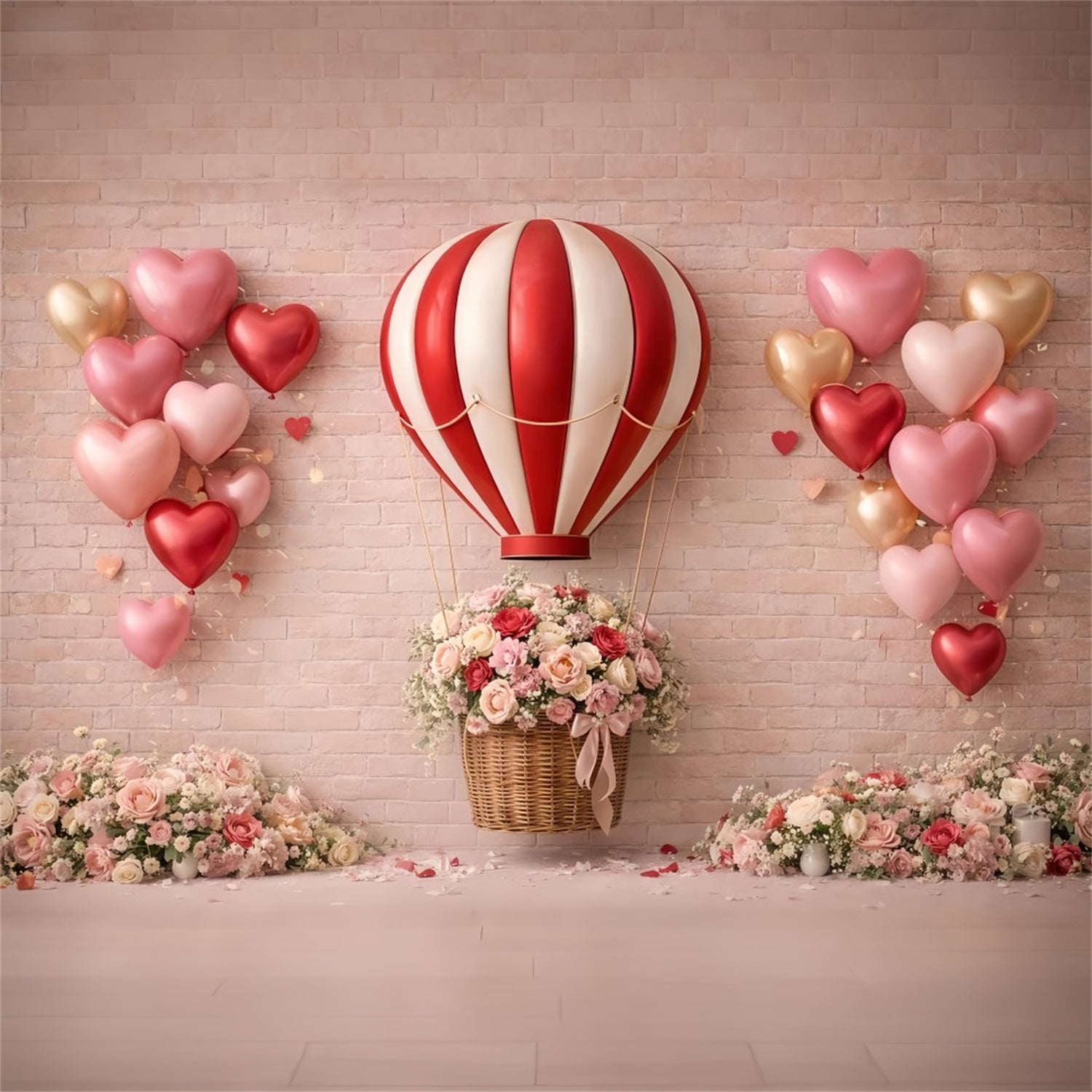 Heart Balloon Backdrop Brick Wall Romantic Roses Pink Valentine Backdrop UK LXX512-91