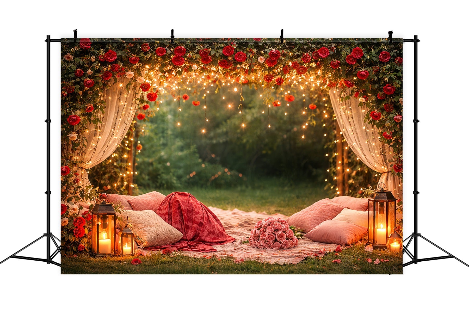 Red Rose Backdrop Twinkle Draped Canopy Floral Arch Valentine's Day Backdrop UK LXX512-93