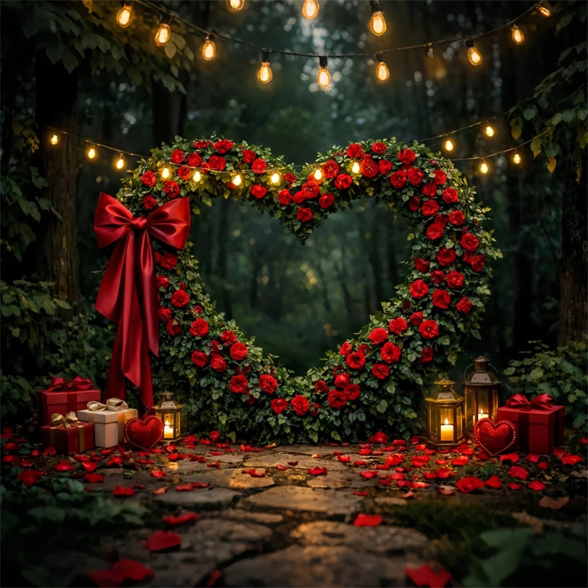 Red Rose Heart Backdrop Forest Flower Archway Gift Box Valentine Backdrop UK LXX512-96