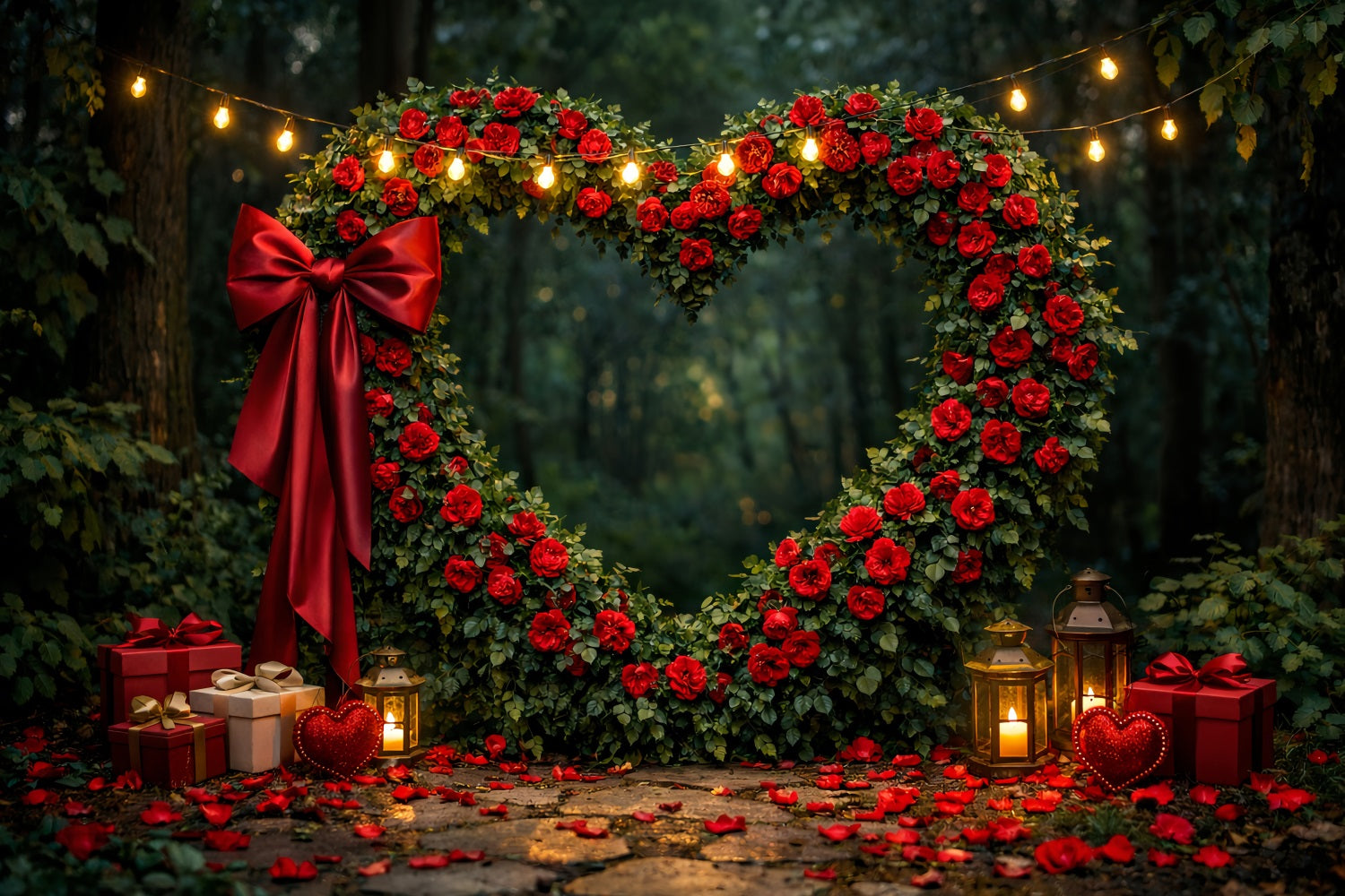 Red Rose Heart Backdrop Forest Flower Archway Gift Box Valentine Backdrop UK LXX512-96
