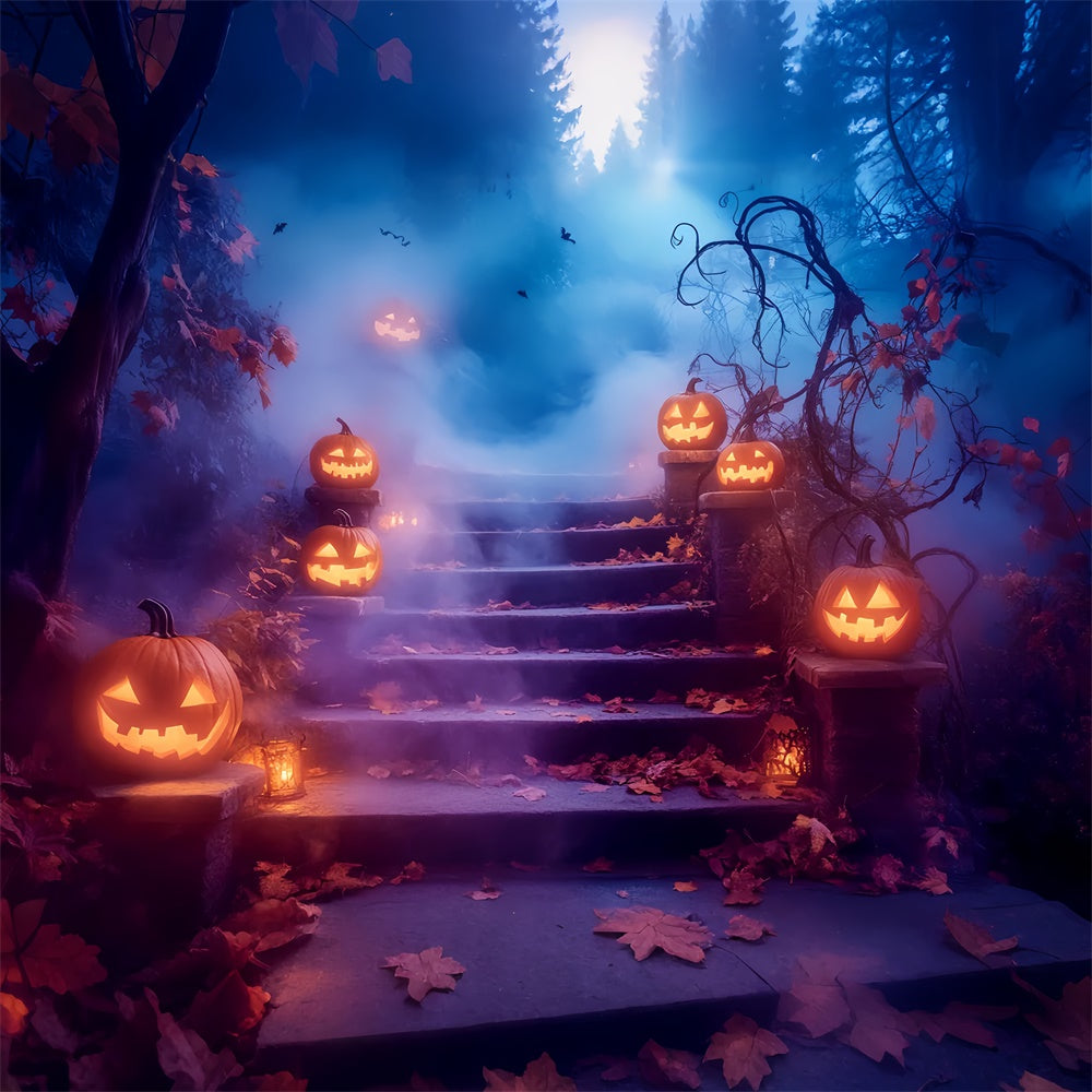 Scary Halloween Backdrop Glowing Pumpkin Stairway Backdrop UK LXX57-105