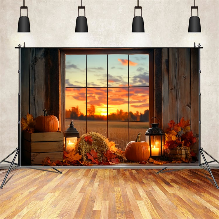 Sunset Backdrop Pumpkin Twilight Window Fall Backdrop UK LXX57-175