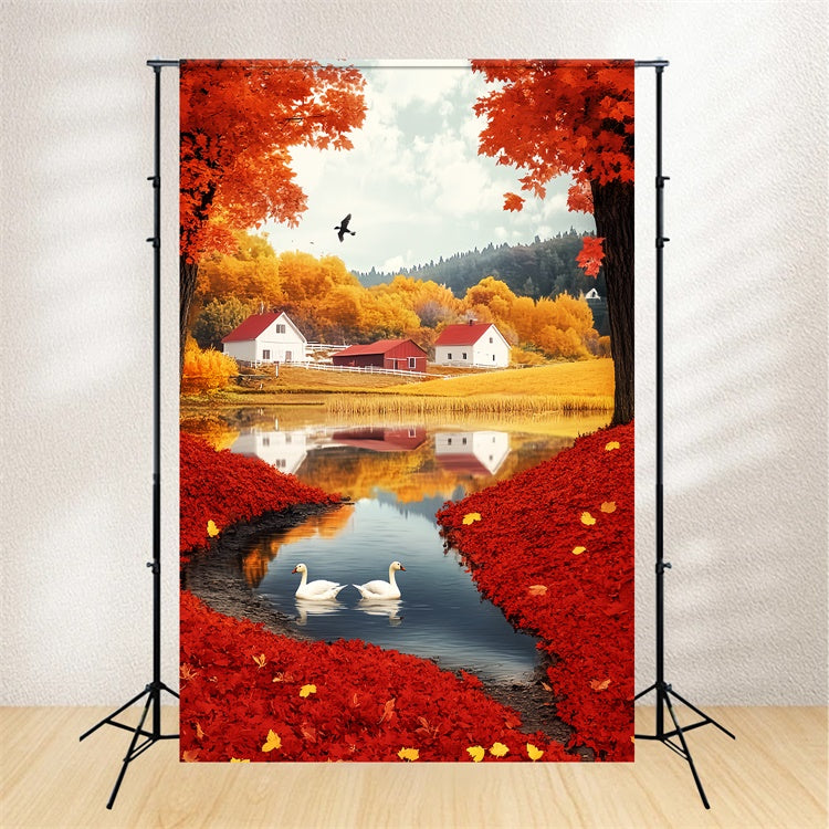 Autumn Backdrop Scarlet Leaf Lakeside Village Backdrop UK LXX57-180