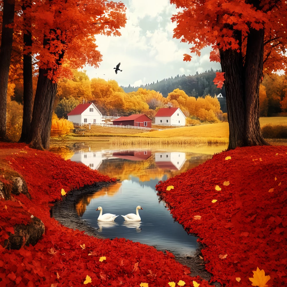 Autumn Backdrop Scarlet Leaf Lakeside Village Backdrop UK LXX57-180