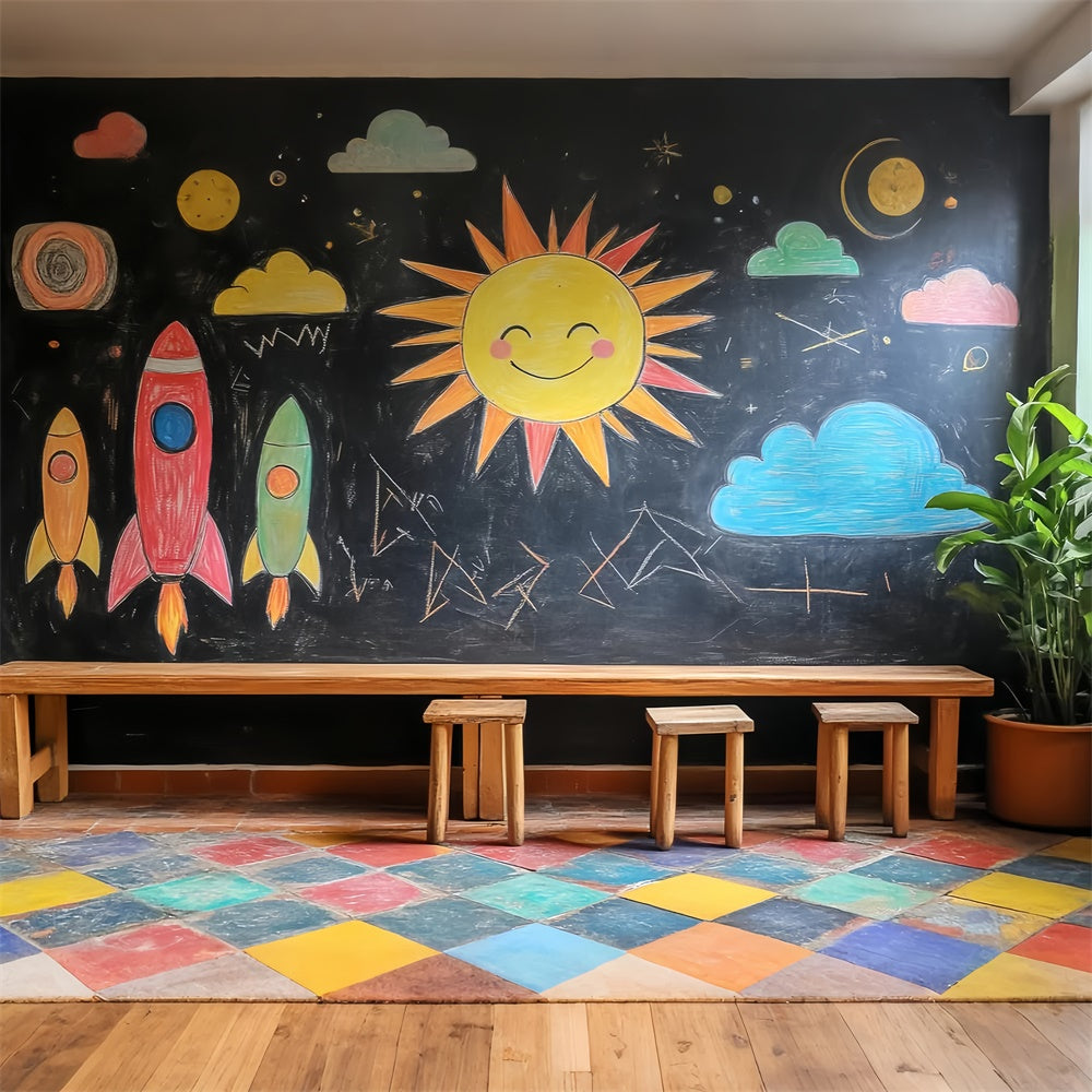Chalkboard Backdrop Crayon Sky Rocket Fun Backdrop UK LXX57-20