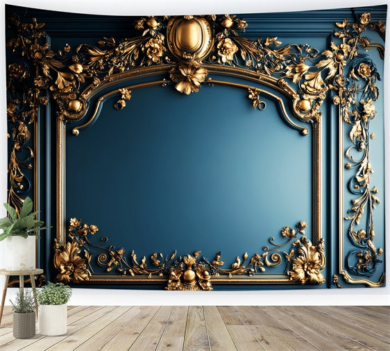 Baroque Backdrop Opulent Blue Gilded Vintage Wall Backdrop UK LXX57-207