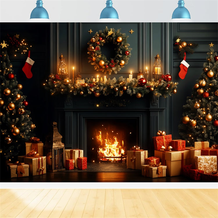 Vintage Christmas Backdrop Festive Wreath Mantel Backdrop UK LXX57-228