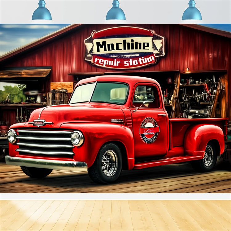 Retro Photo Backdrop Red Garage Truck Vintage Backdrop UK LXX57-229