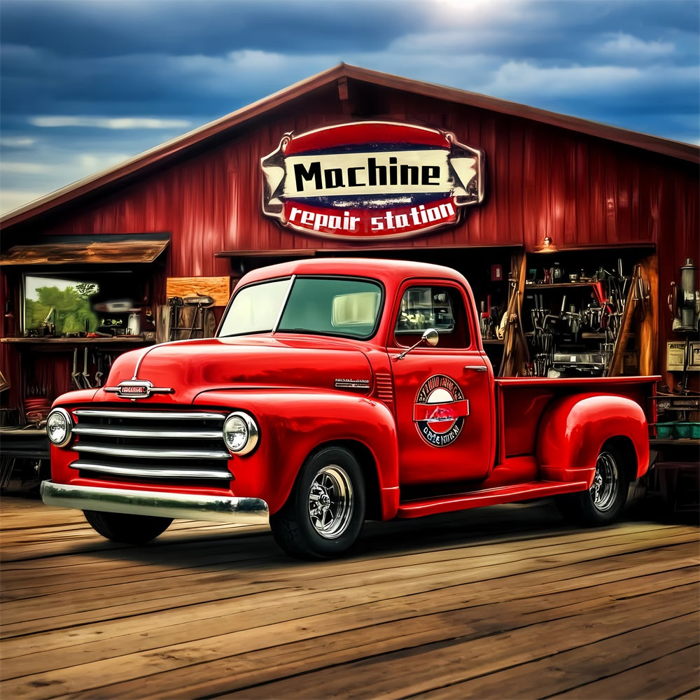 Retro Photo Backdrop Red Garage Truck Vintage Backdrop UK LXX57-229
