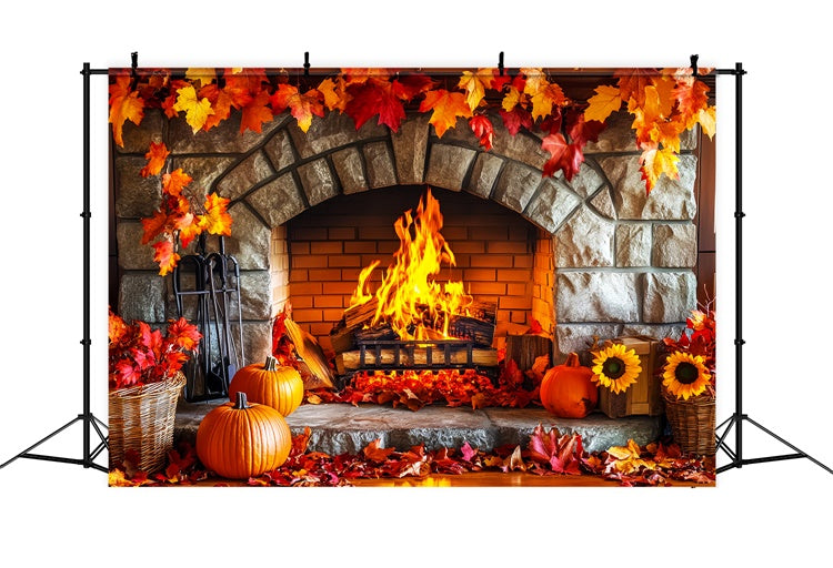 Backdrop Thanksgiving Stone Hearth Autumn Leaves Backdrop UK LXX57-366