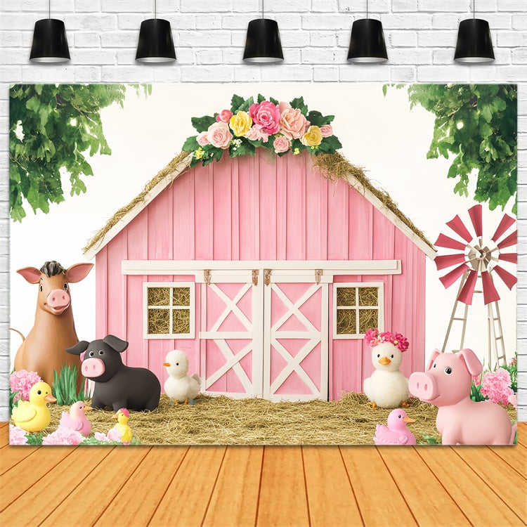 Pink Barn Backdrop Farm Fun Birthday Barn Backdrop UK LXX57-374