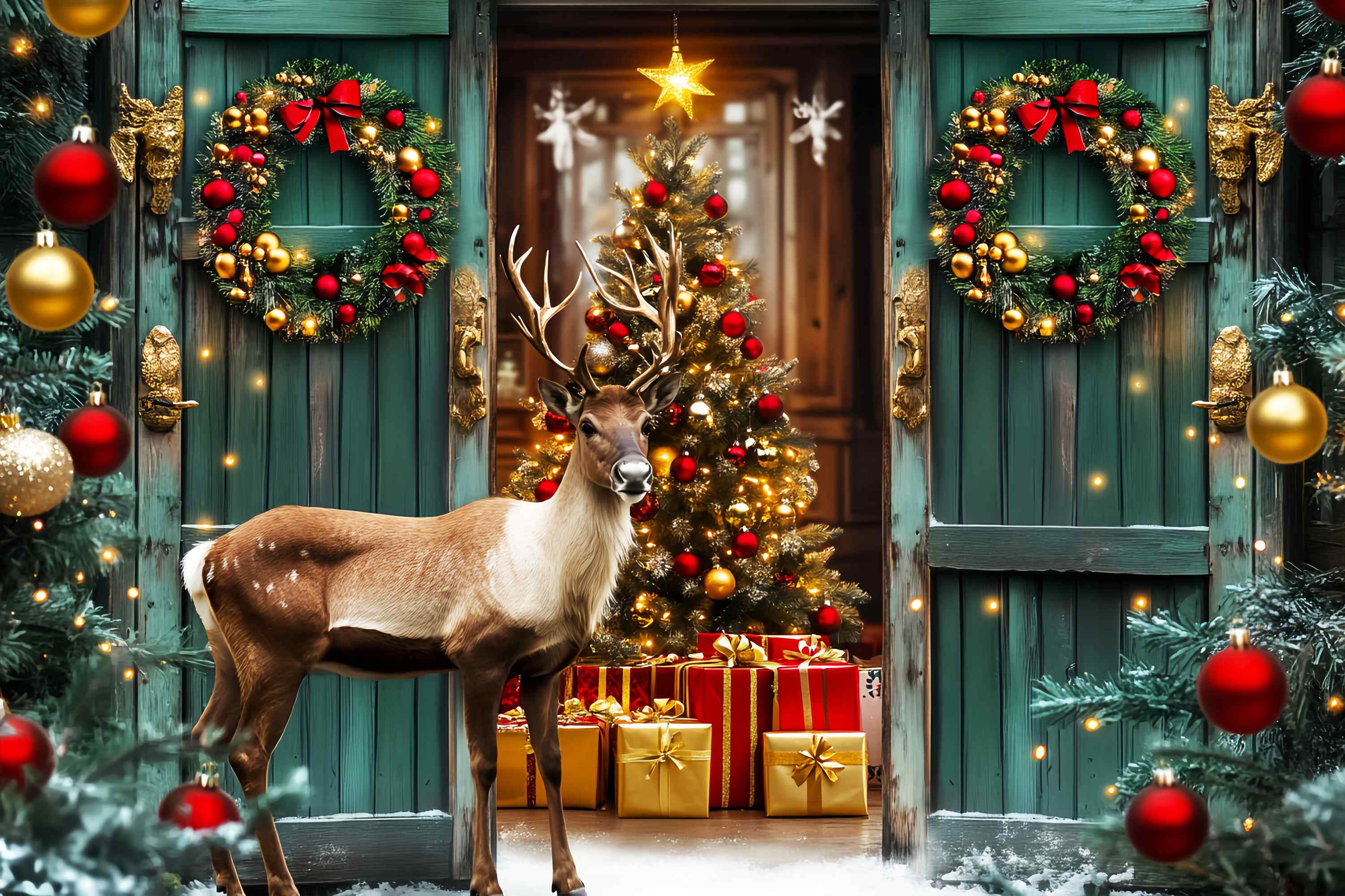 Christmas Tree Farm Backdrop Green Door Reindeer Holiday Entry High Resolution Christmas Backdrop UK LXX58-101