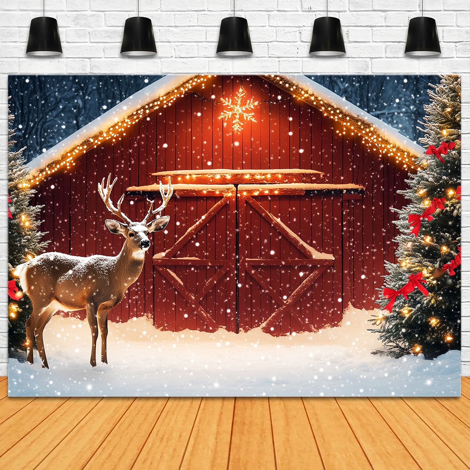 Christmas Tree Farm Backdrop Snowy Barn Reindeer Pine Tree Professional Christmas Backdrops UK LXX58-102