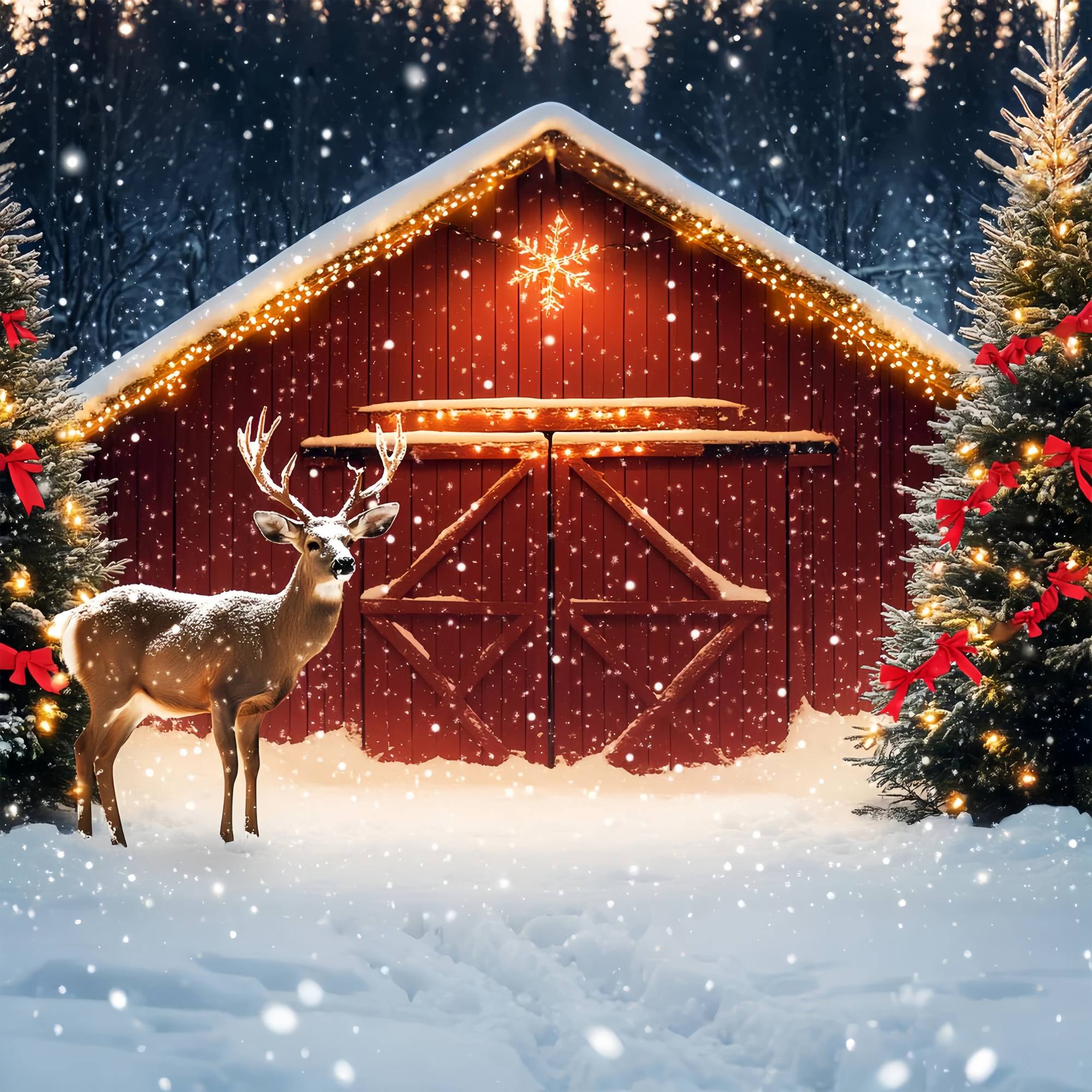 Christmas Tree Farm Backdrop Snowy Barn Reindeer Pine Tree Professional Christmas Backdrops UK LXX58-102