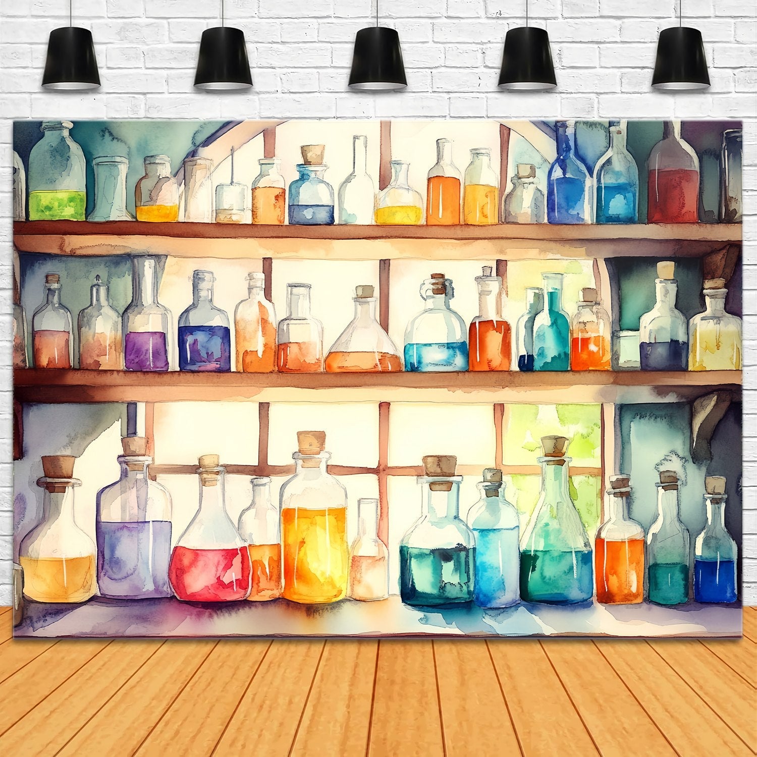 Chemistry Backdrop Watercolor Potion Bottles Wooden Shelves School Picture Backdrop UK LXX58-104