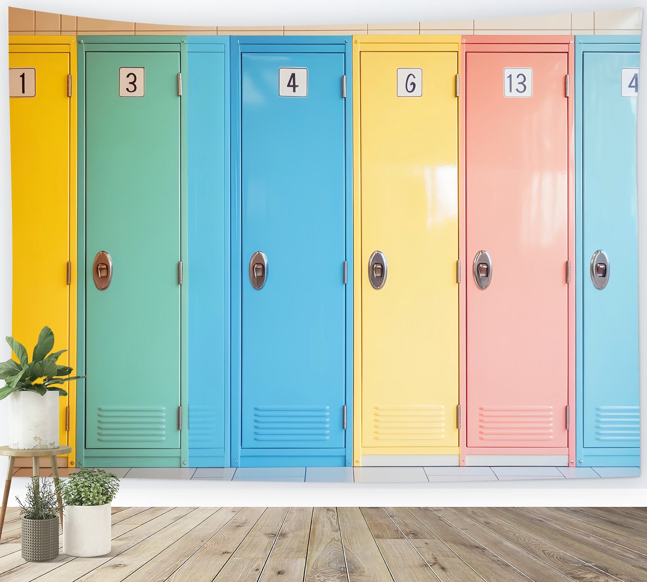 School Locker Backdrop Pastel Numbered School Lockers Row Back To School Photography Backdrops UK LXX58-120