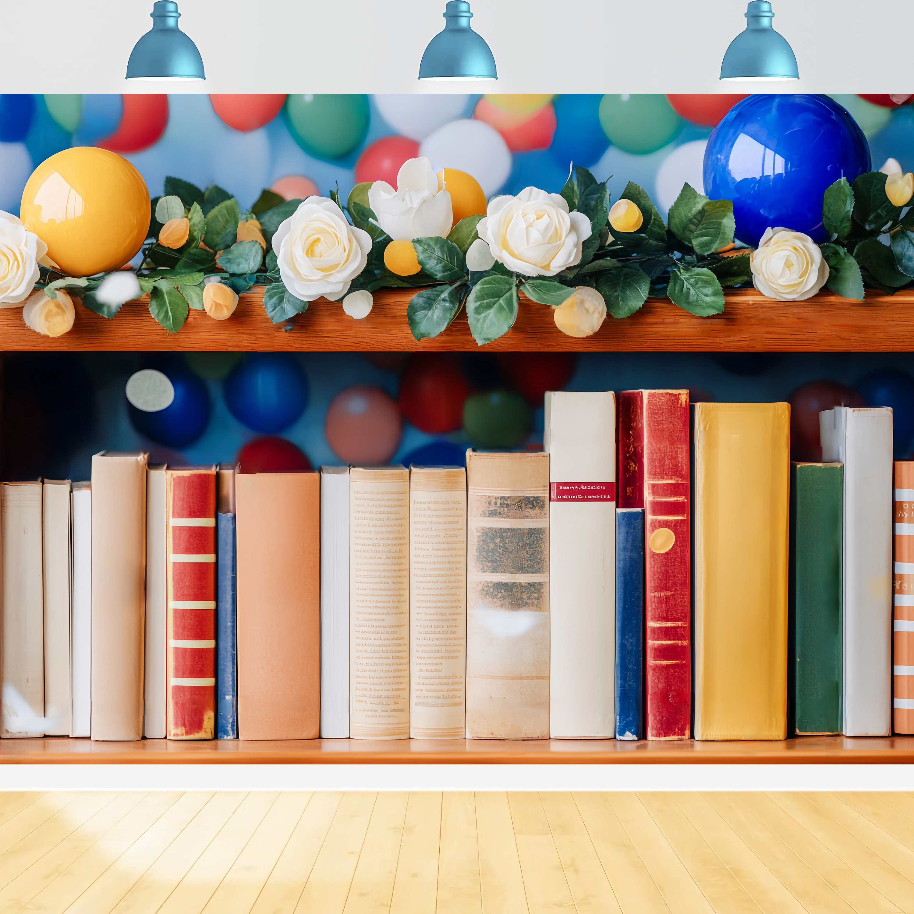 Preschool Backdrop Colorful Balloon Garland Bookshelf Back To School Photo Backdrop UK LXX58-139
