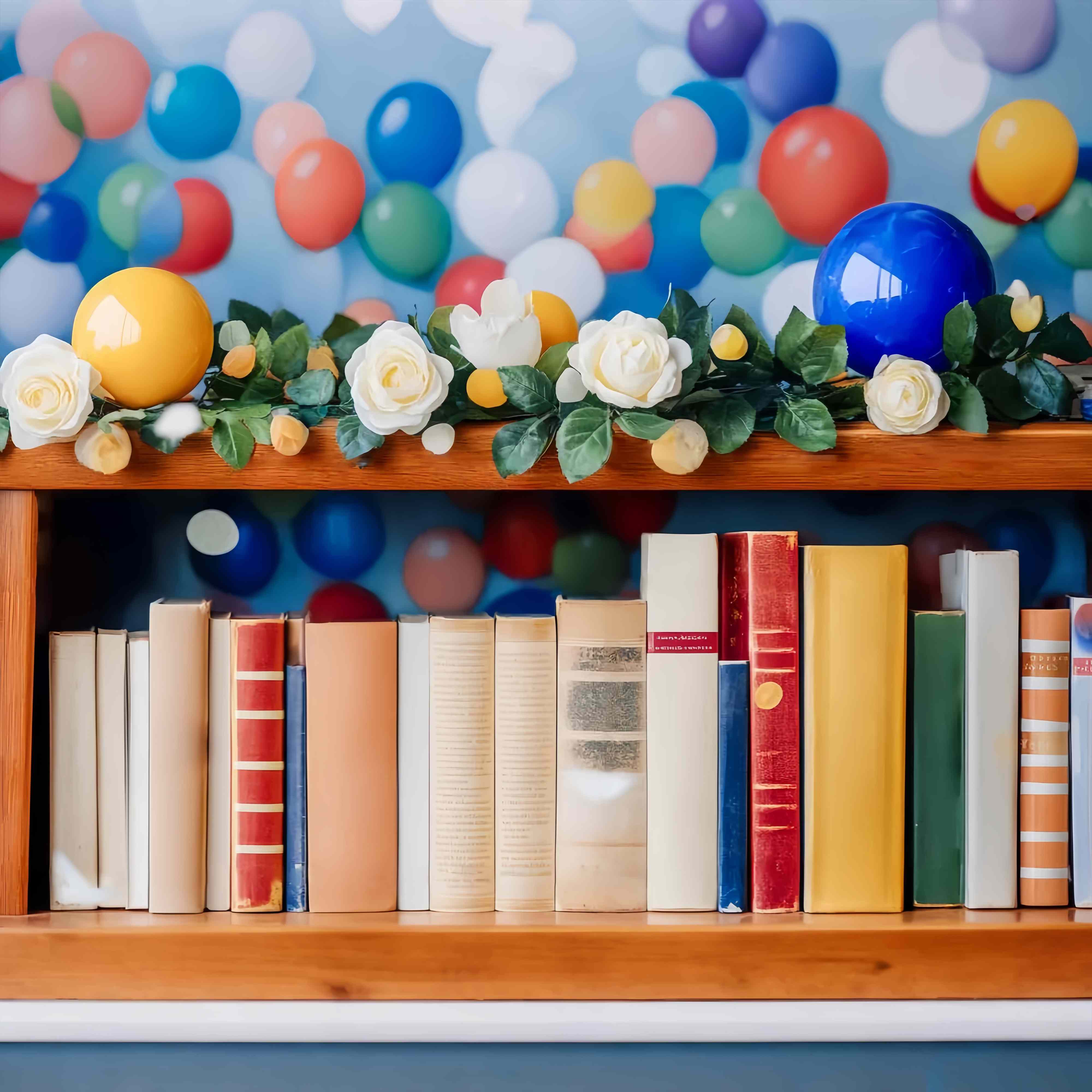 Preschool Backdrop Colorful Balloon Garland Bookshelf Back To School Photo Backdrop UK LXX58-139
