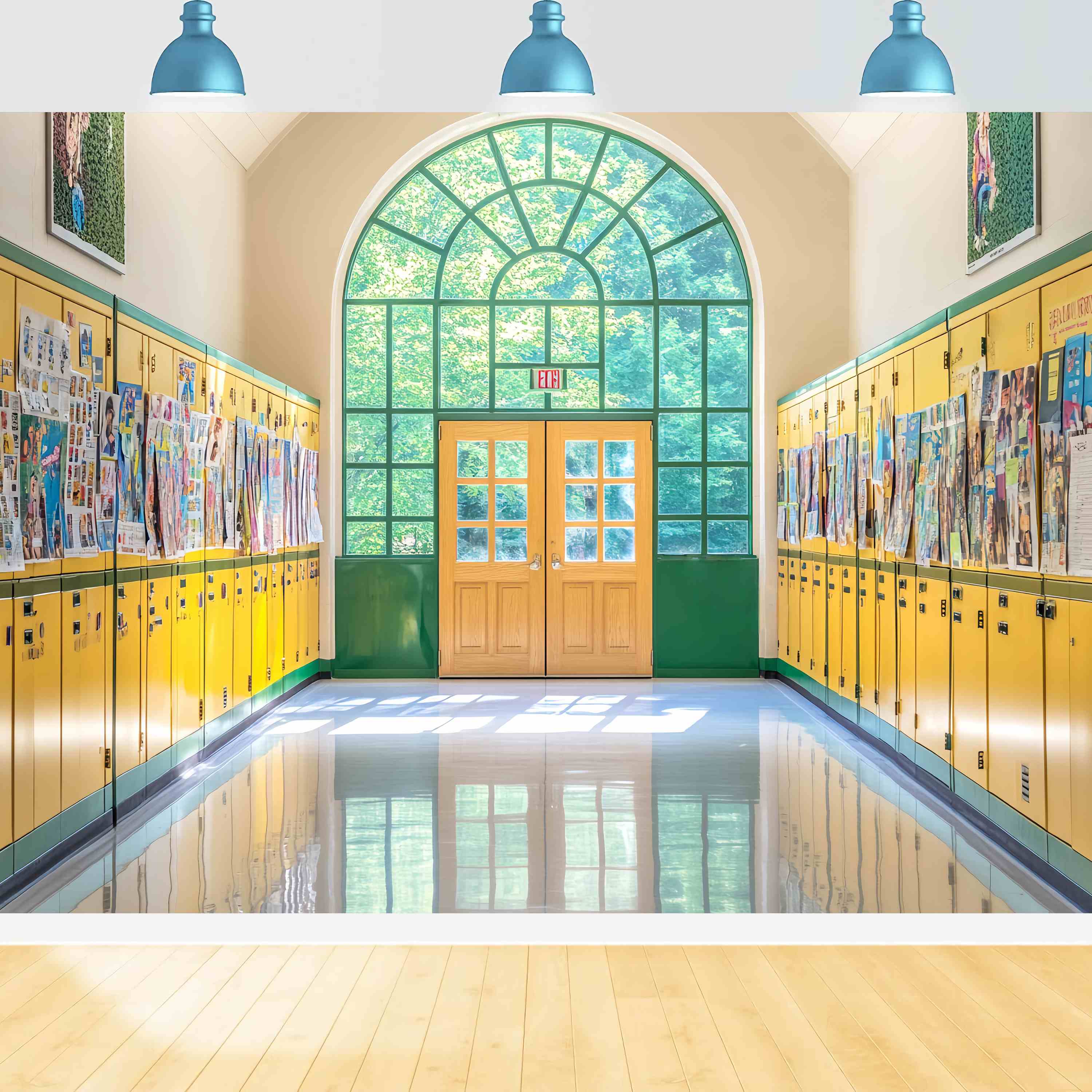 School Hallway Backdrop Yellow Green Locker Hallway Posters Back To School Backdrop UK LXX58-141
