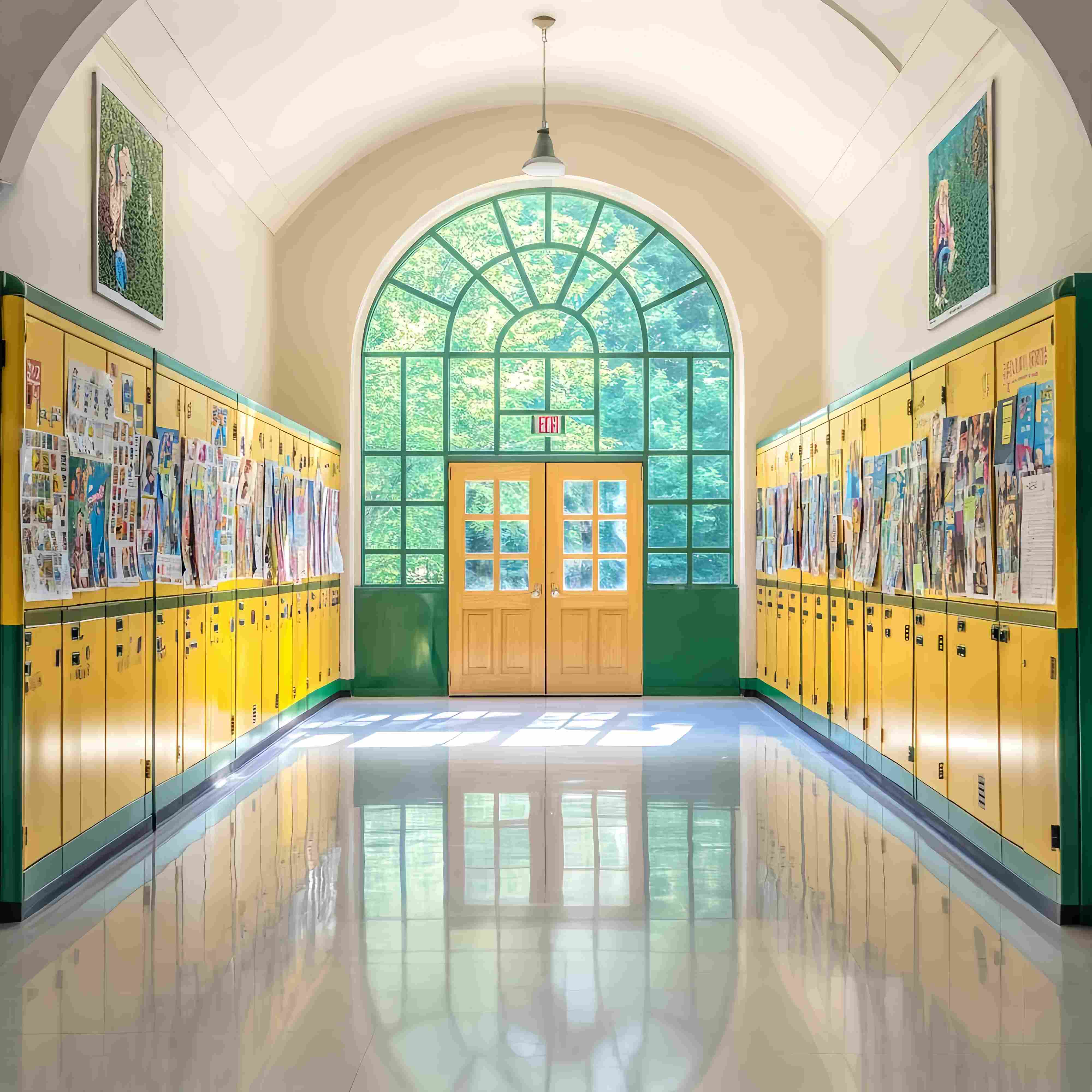 School Hallway Backdrop Yellow Green Locker Hallway Posters Back To School Backdrop UK LXX58-141